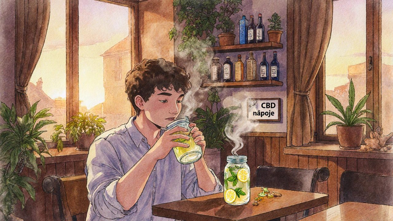 Osoba v kavárně pije CBD limonádu ve večerním světle, v pozadí jsou lokální značky a rostliny.
