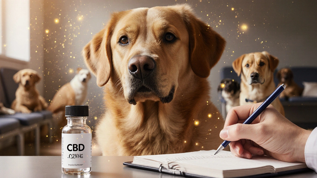 Pes v veterinářské ordinaci klidně sedí, kolem něj zlaté částice symbolizující účinek CBD, na stole lahvička s CBD olejem.