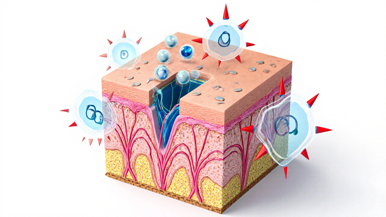 Průřez kůže s CBD molekulami podporujícími kolagen a snižujícími zánět