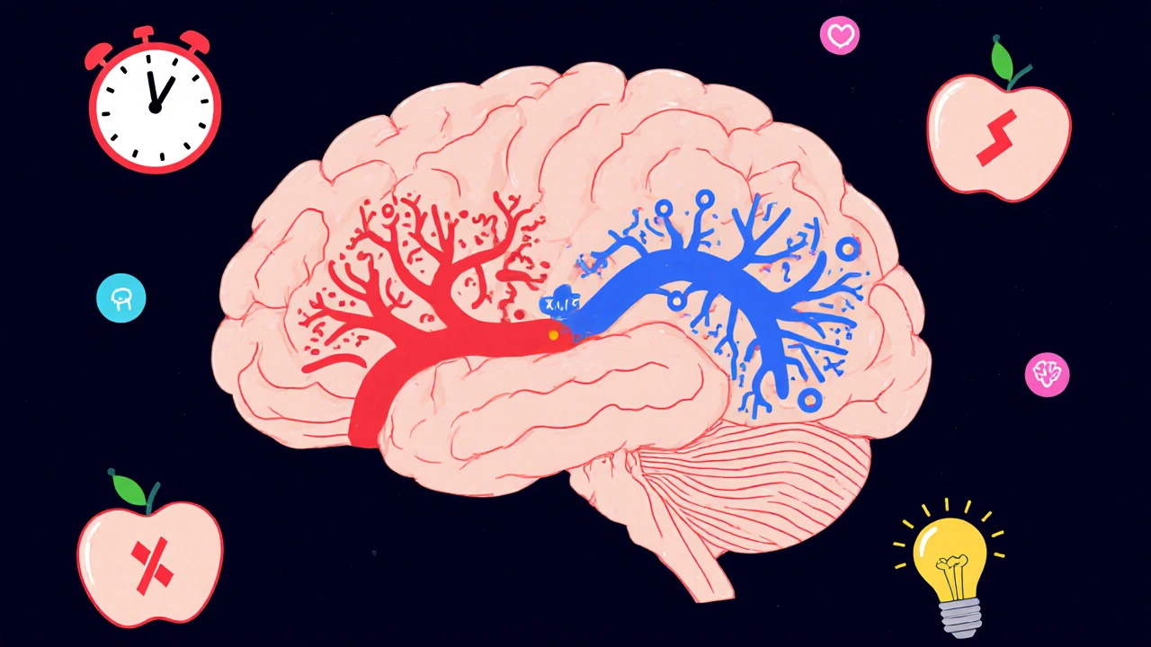 Průřez lidského mozku s dvěma cestami: jedna chaotická a červená, druhá jasná a modrá, znázorňující různé účinky kanabinoidů.