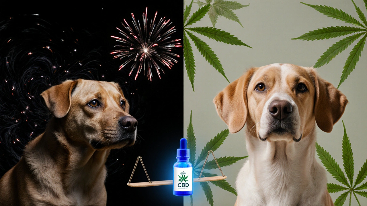 Rozdělený obraz: strašený pes při ohňostrojích na jedné straně, klidný pes s konopím na druhé, symbolizující přechod od úzkosti k klidu.