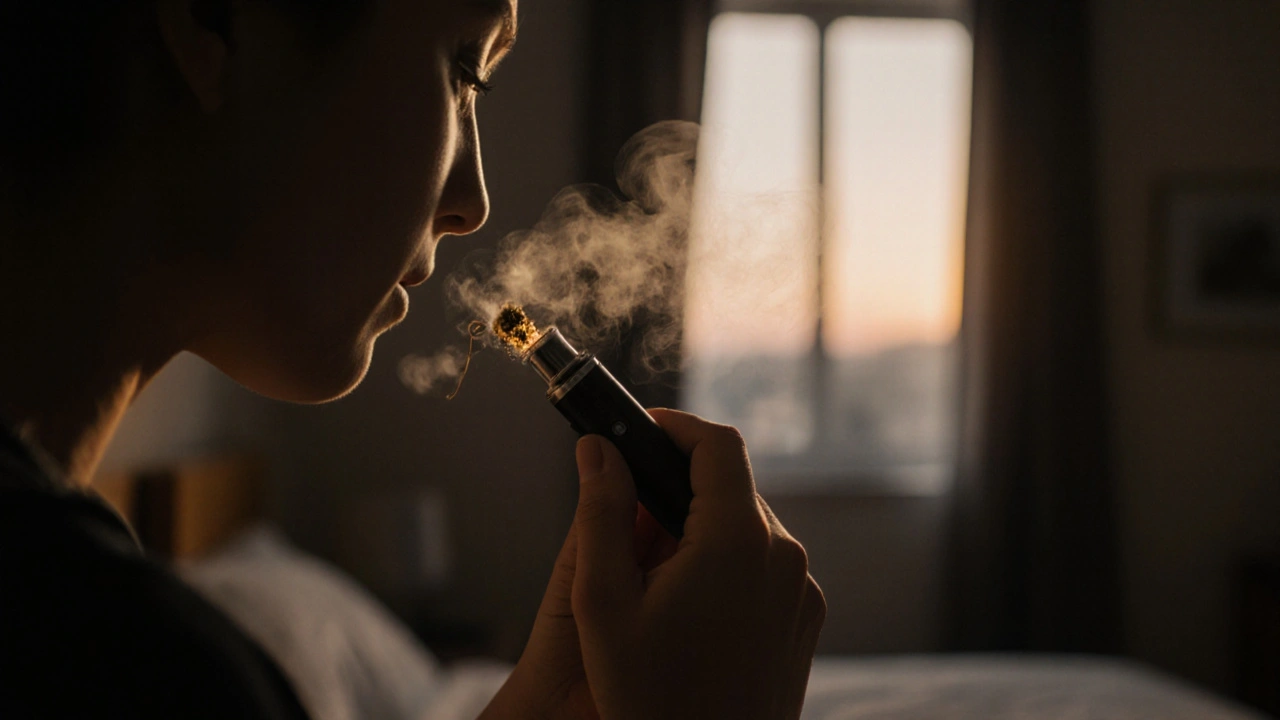 Ruka přidává malou dávku crumble do vaporizéru v klidném večerním prostředí, jemný pára stoupá do vzduchu.