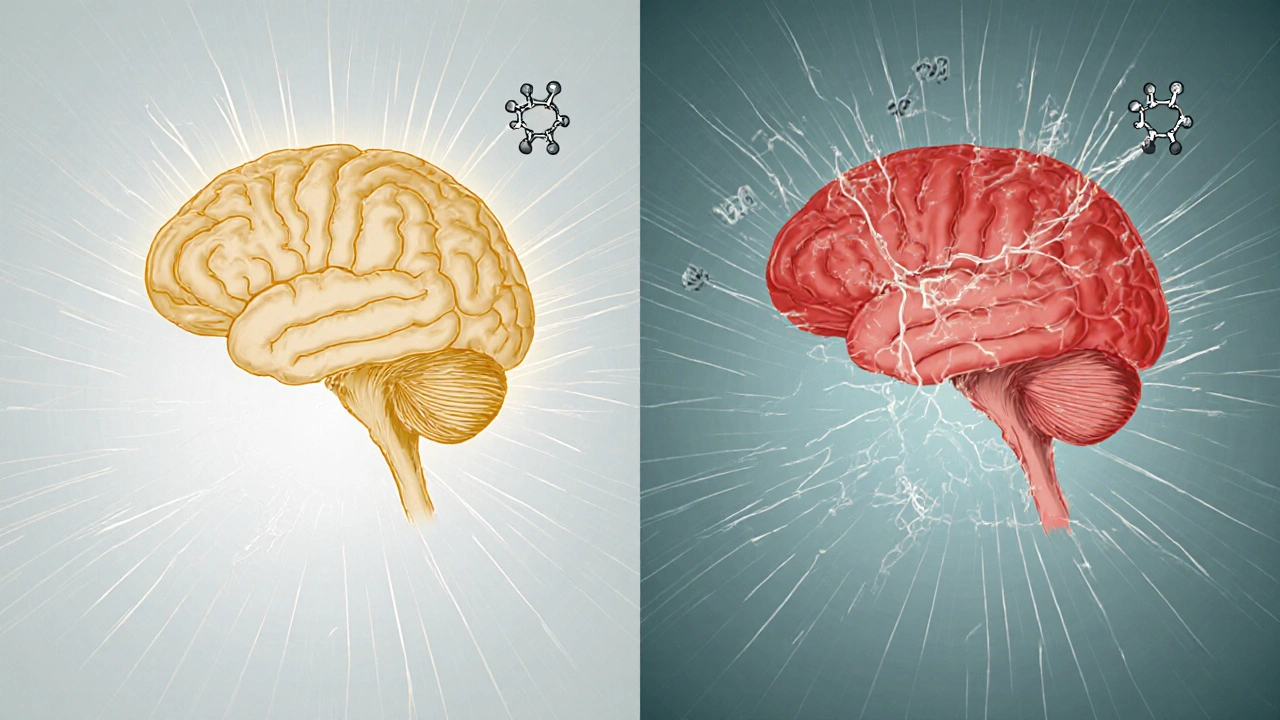 Srovnání zdravého a poškozeného mozku s molekulami delta-8 a delta-9 THC, znázorňující neurologické změny.