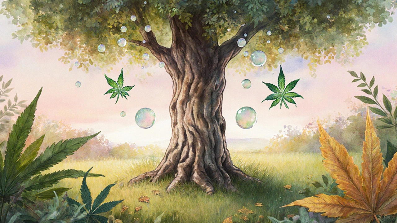 Strom s vráskovitou kůrou, kterou živí kapky CBD jako rosné kapičky