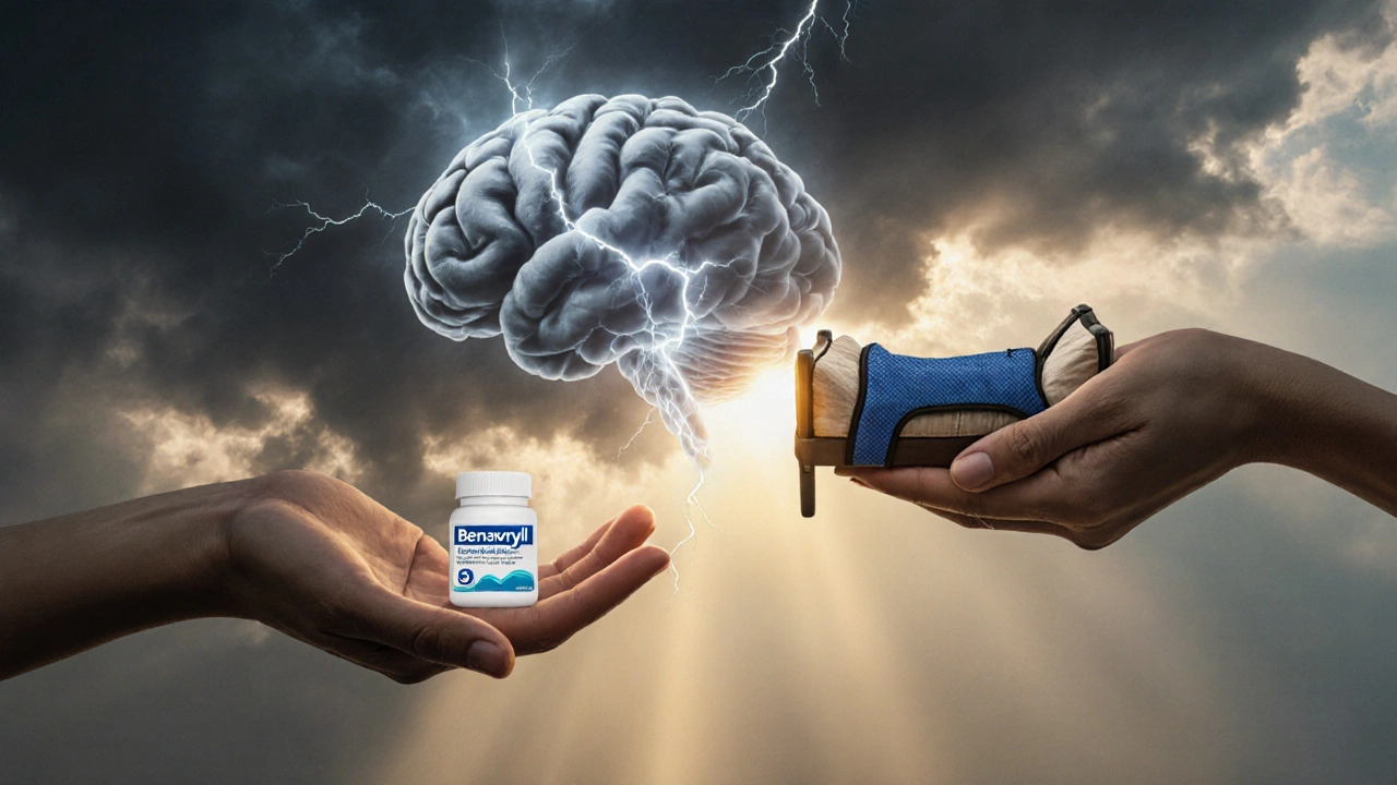 Symbolický obraz psího strachu uklidněného lékem, krytem a klidným prostředím.