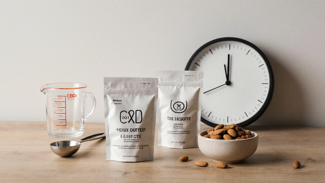 Tři kokosky s CBD na dřevěné desce vedle ořechů a hodin, znázorňující čas a vstřebávání.