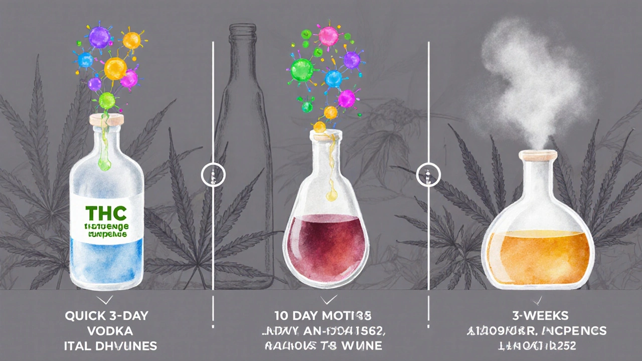 Tři metody infuze konopí v alkoholu: rychlá, tradiční a chladná, znázorněné jako grafická timeline.