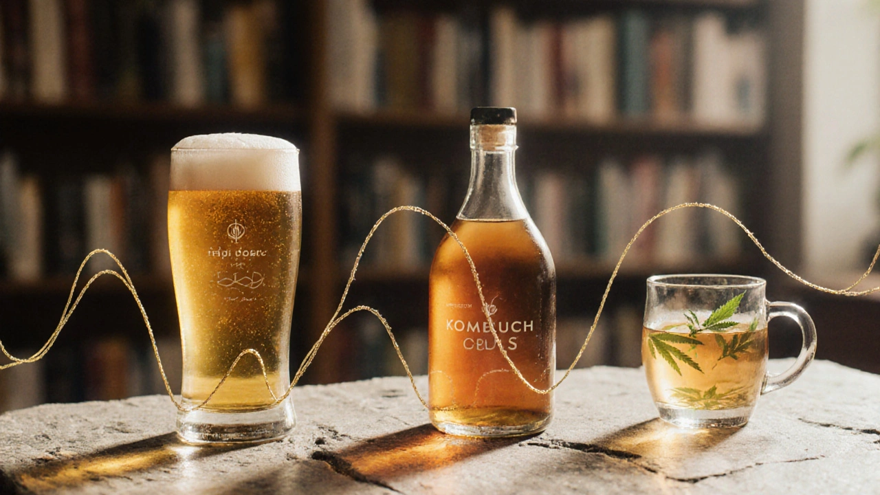 Tři nápoje—konopné pivo, kombucha a čaj s CBD—na stole spojené zlatými linkami.