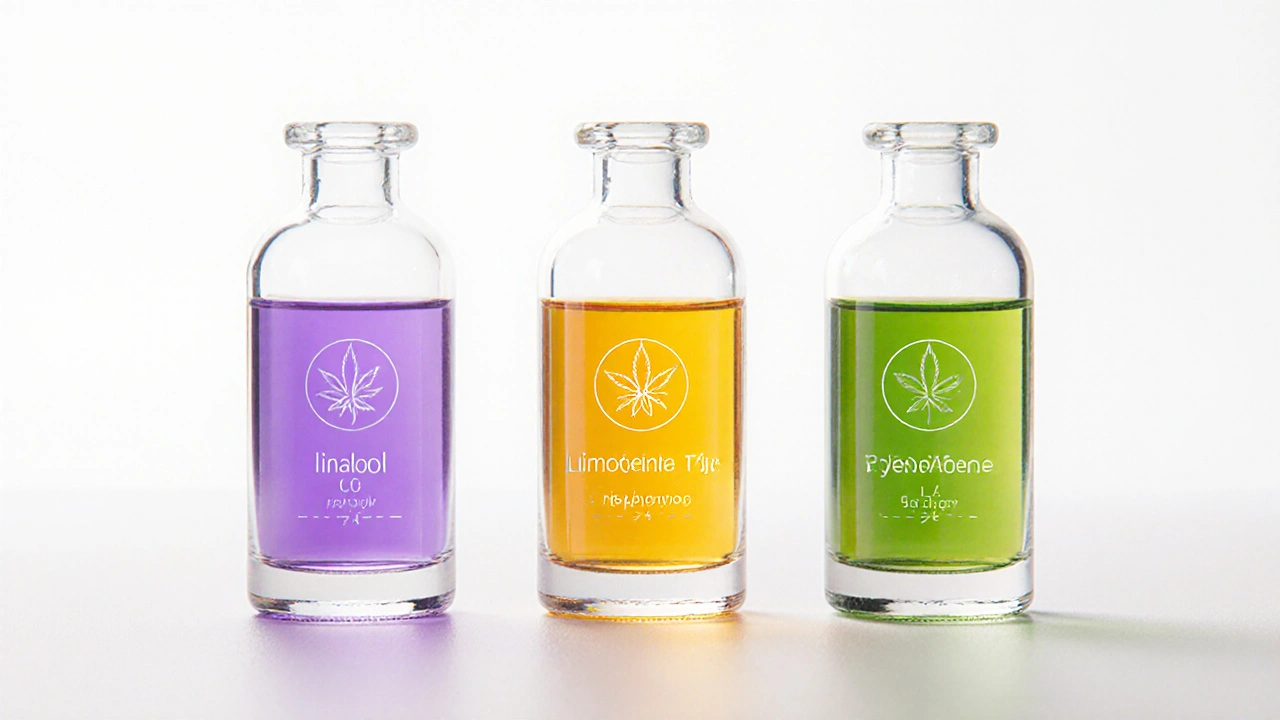 Tři průhledné skleněné nádoby s různými typy crumble, každá s jinou vůní a barvou, v minimalistickém prostředí.