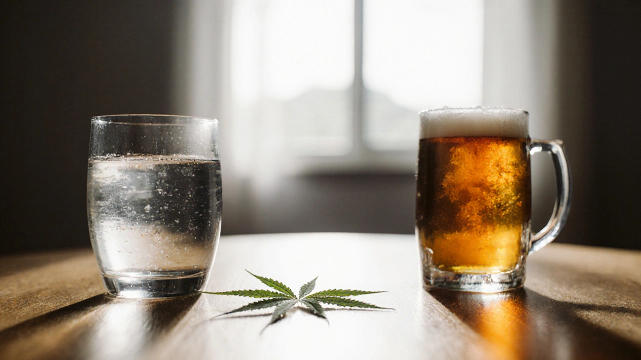 Tři sklenice na stole: voda, CBD čaj a pivo — klidná scéna volby a zdraví.