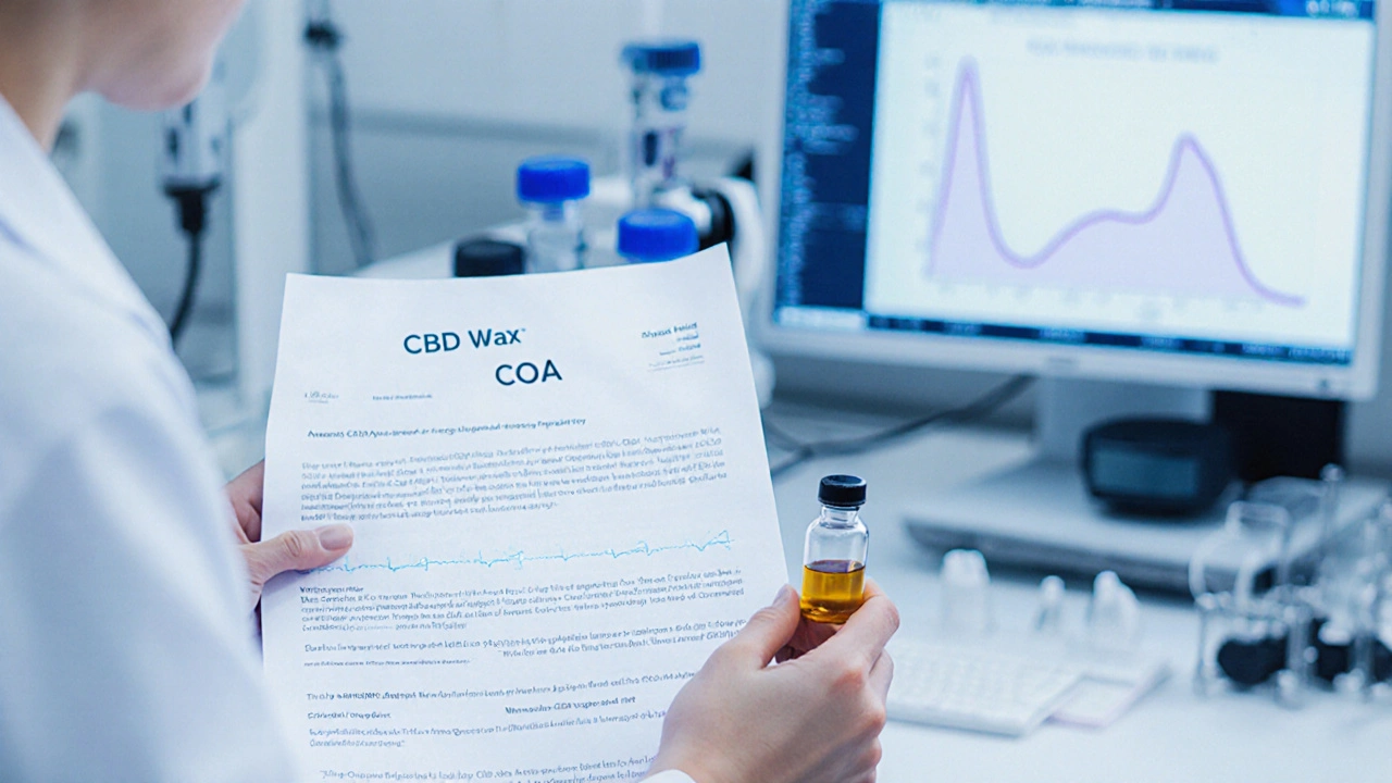 Vědec drží certifikát laboratorní analýzy vedle vzorku CBD vosku v laboratoři.