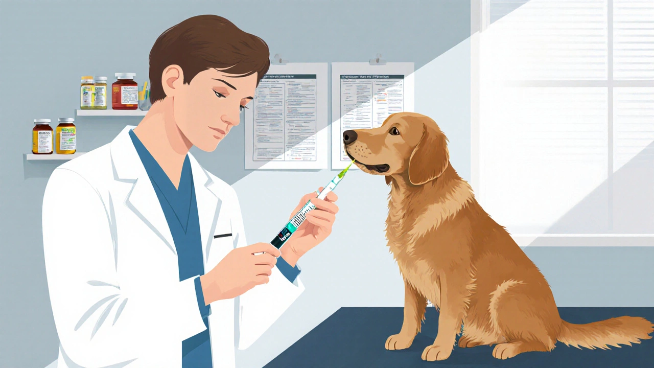 Veterinář dává psu správnou dávku diphenhydraminu v klinice.