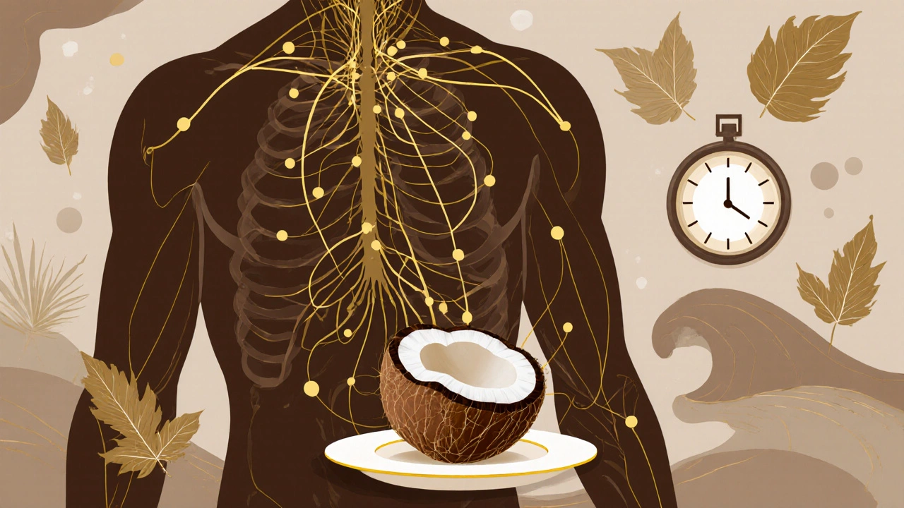 Vnitřní systém těla s jemnými zlatými linkami spojenými s kokoskou s CBD, symbolizující klid a rovnováhu.