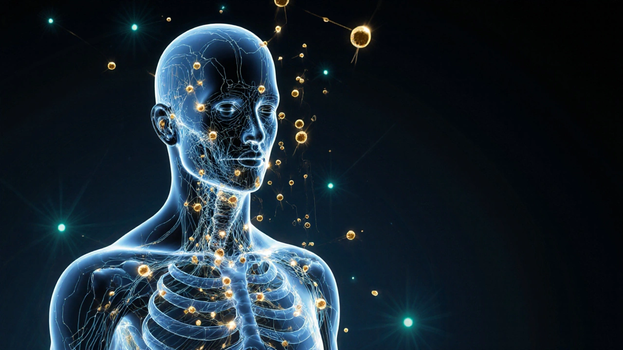 Vnitřní systém těla svítí zlatými molekulami CBD, které harmonizují nervy a orgány v abstraktním stylu.