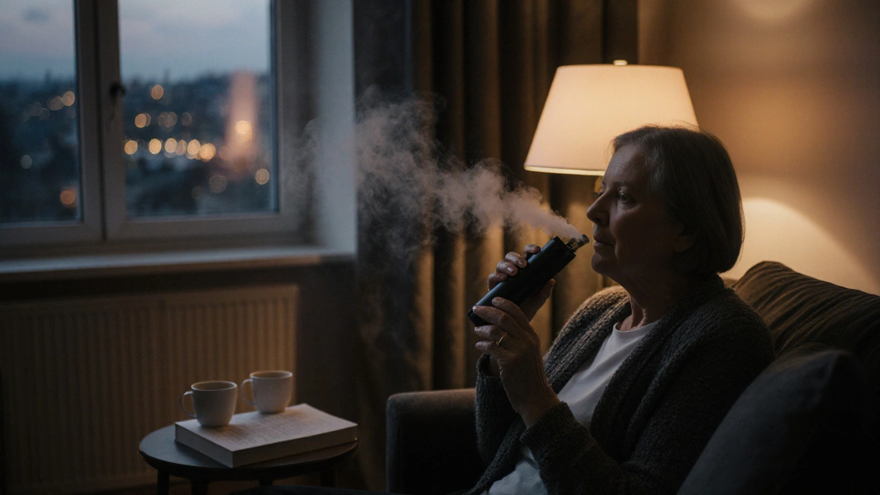 Žena večer používá pářičku s CBD květem v klidném bytě, při měkkém osvětlení.