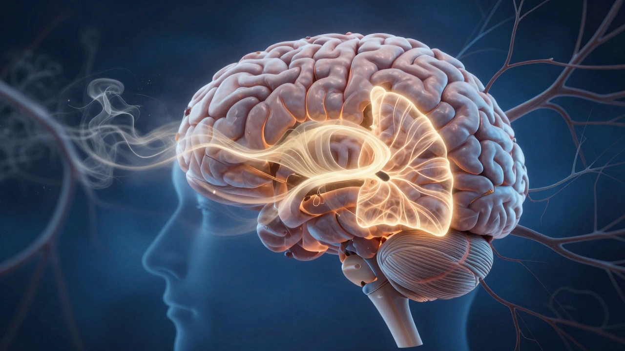 Abstraktní znázornění mozku s aktivací endokanabinoidních receptorů CBD párou.