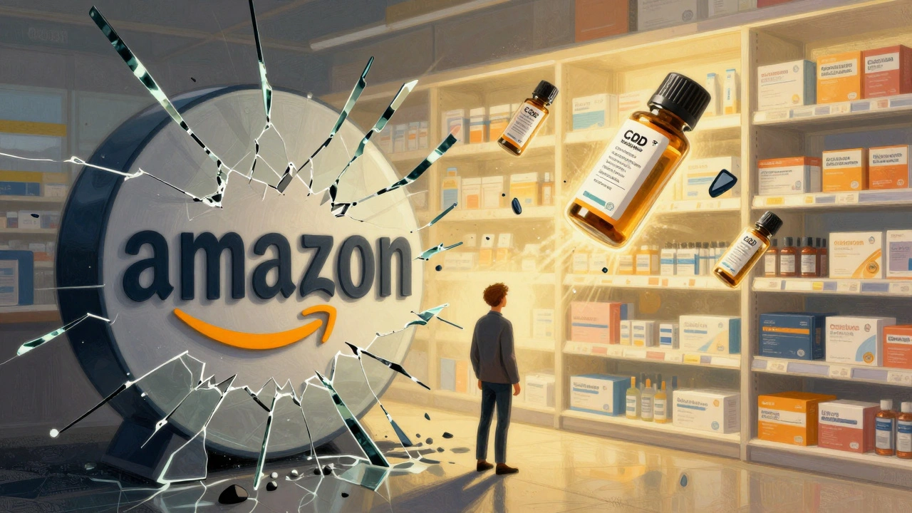 Český zákazník před praskajícím Amazon logem, za ním svítící CBD kartridže v lékárně s laboratorními výsledky ve vzduchu.