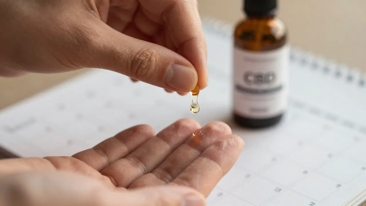 Detail ruky s kapkou CBD oleje pod jazykem a kalendářem s označenými dny.