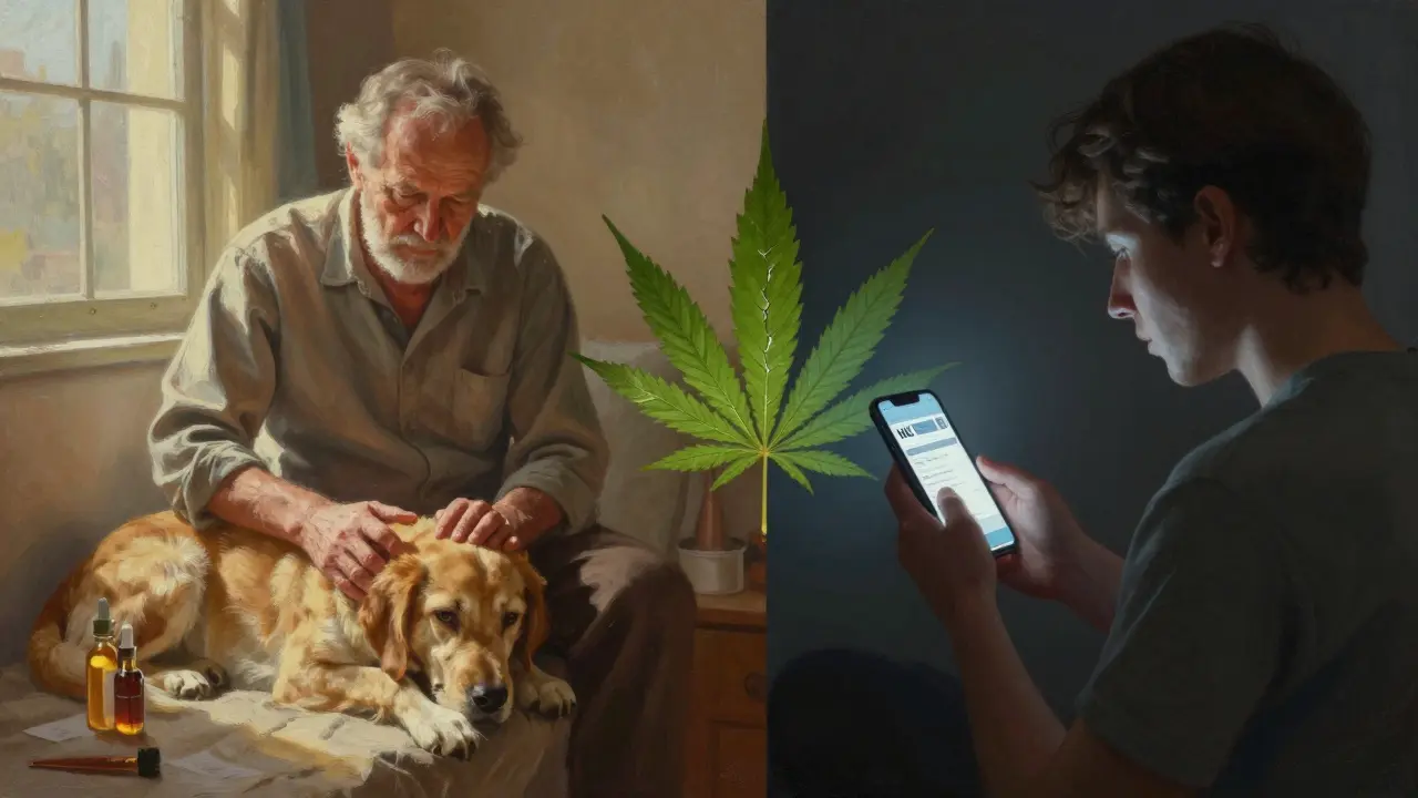 Dva scény: klidný pár s psem s CBG a osamělý člověk s neověřeným HHC.