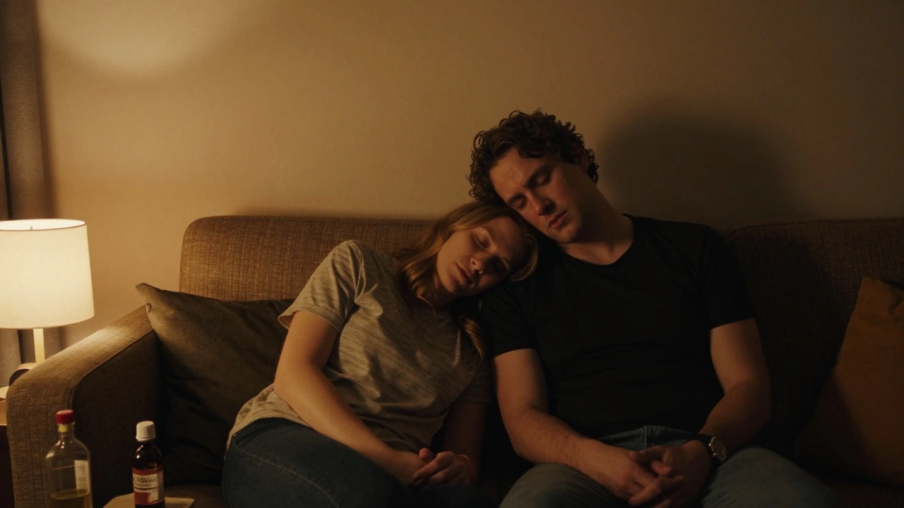 Dvě osoby sedí na pohovce v klidné tichosti, jedna si klade hlavu na rameno druhé, v pozadí je láhev CBD.