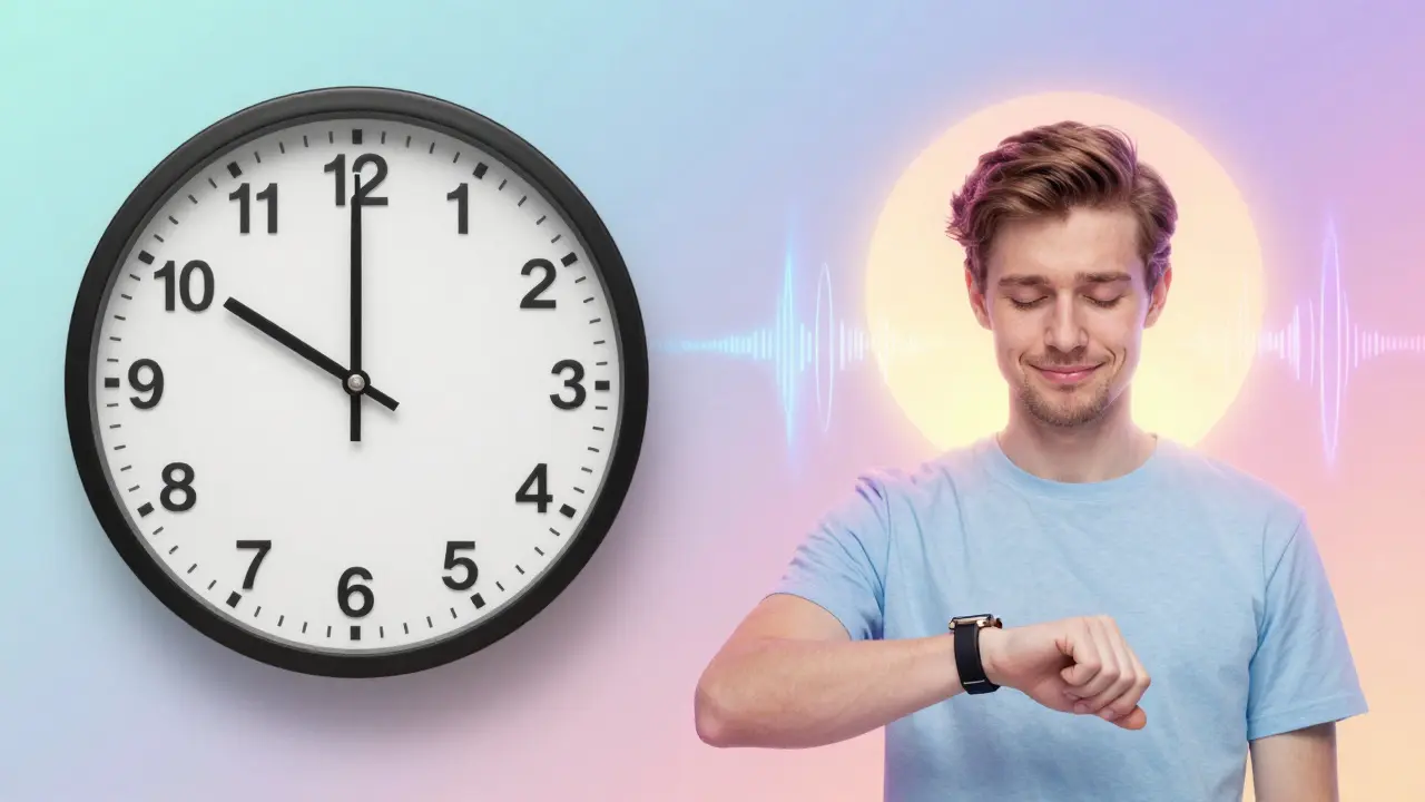 Dvě scény téže osoby: jedna po 30 minutách, druhá po dvou hodinách, znázorňující změnu nálady po účinku edibilie.