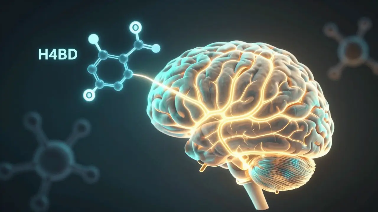 Ilustrace lidského mozku s aktivovanými neuronovými cestami a molekulou H4CBD v prostoru.
