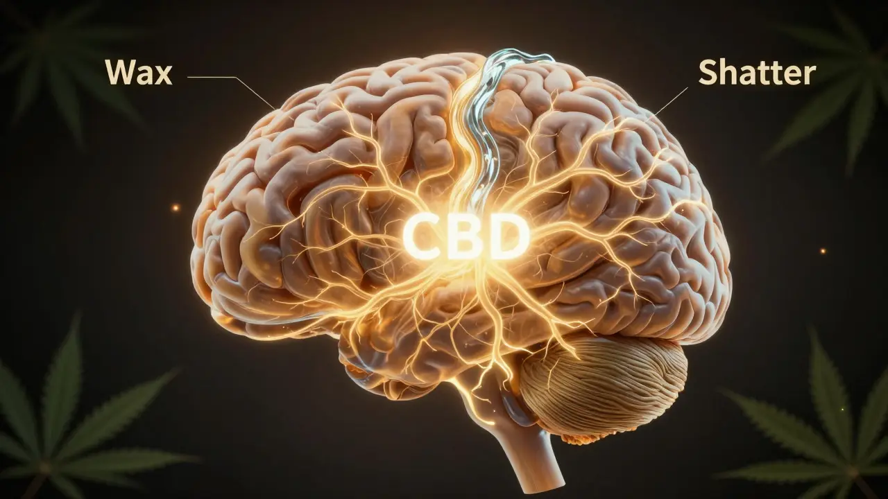 Koncepční obrázek mozku s dvěma cestami CBD, jedna jako vosk, druhá jako sklo, obě vytvářejí zlaté světlo.