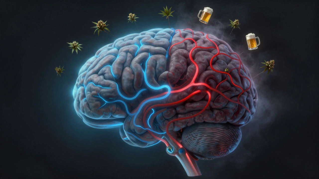 Koncepční obrázek mozku s dvěma protiklady: vyvážené vs. přetížené užívání konopí.