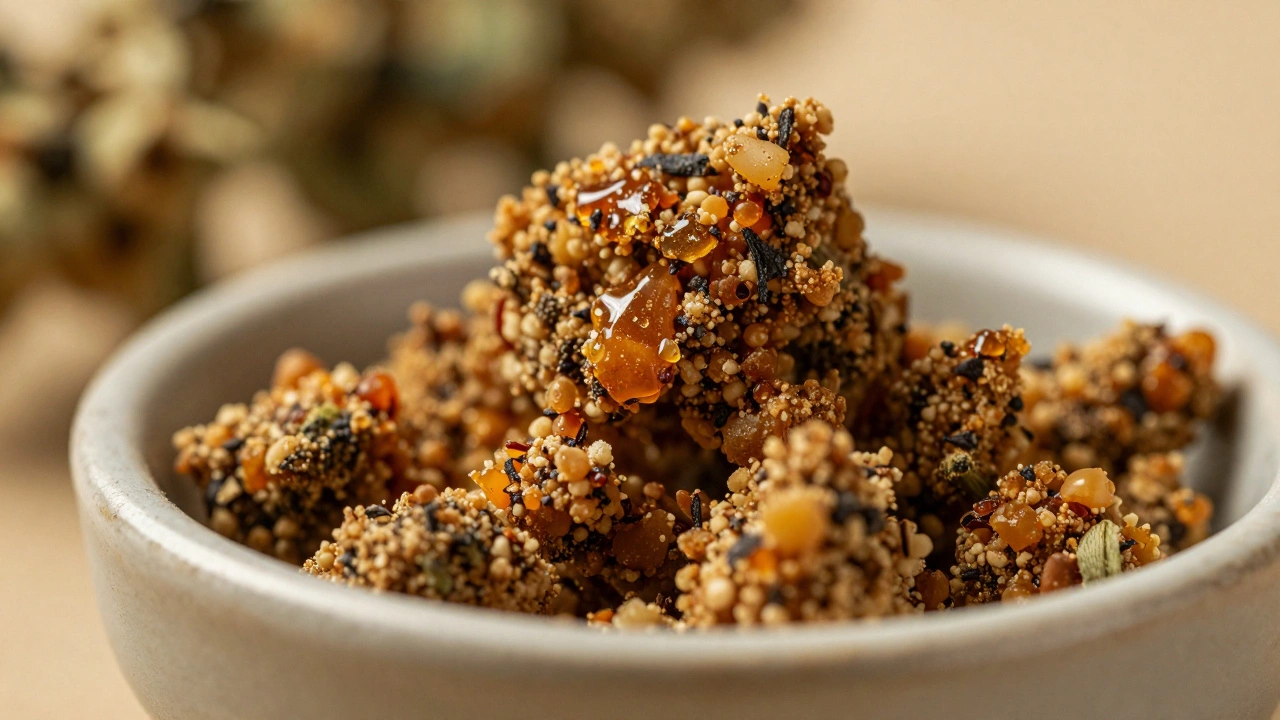 Křupavý CBD crumble v keramické mísce s kapesními květy konopí na pozadí