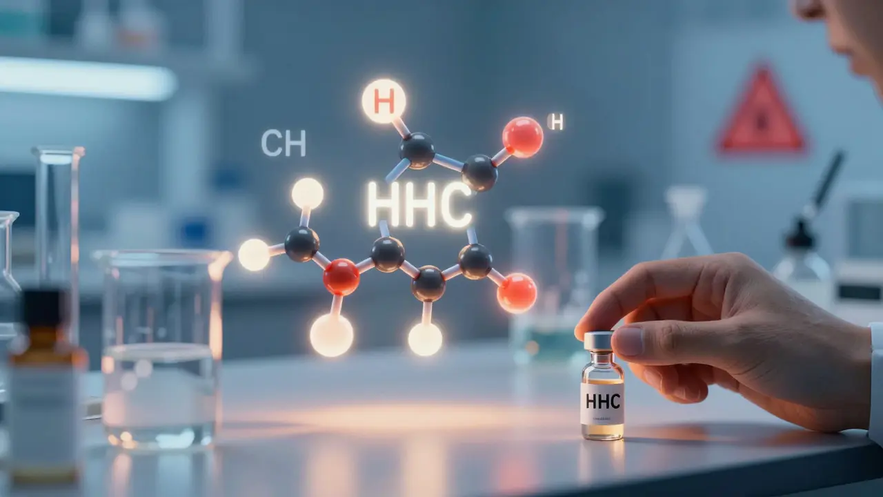 Laboratoř s chemickou syntézou HHC a varovnými symboly.