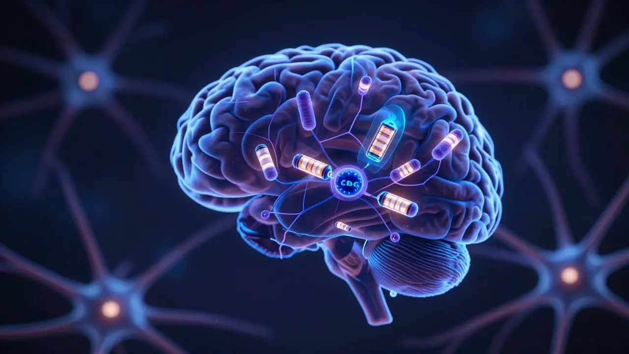 Neuronová síť s mitochondriemi a CBG štíty chránícími buňky před oxidačním stresem.