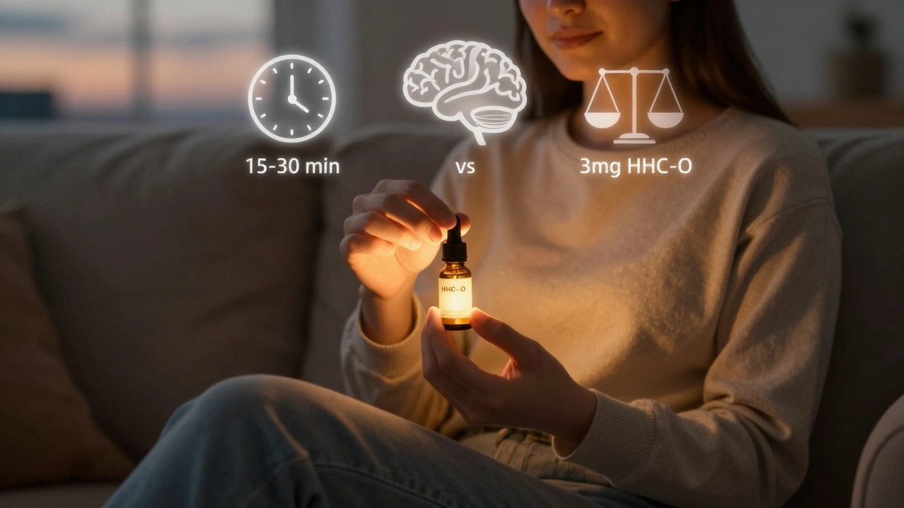 Osoba drží malou láhev HHC-O s mírným zářivým světlem v klidném prostředí.