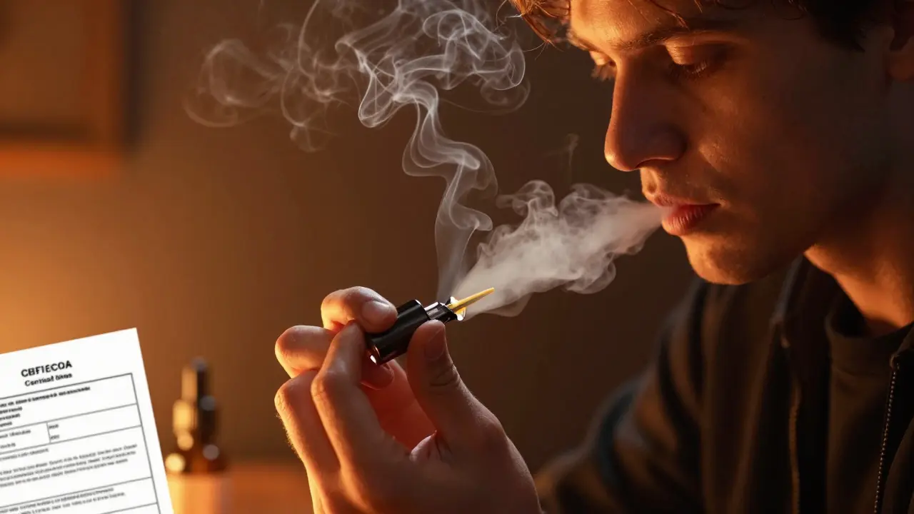 Osoba používá dabovací zařízení k vypařování CBD shatteru, vznikají jemné kouřové proužky.