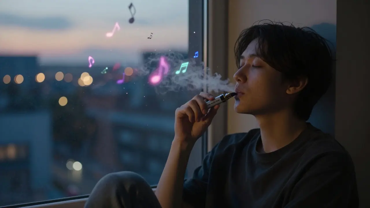 Osoba u okna při večeru, jemně vepující H4CBD, zatímco světlo a barvy plují vzduchem.