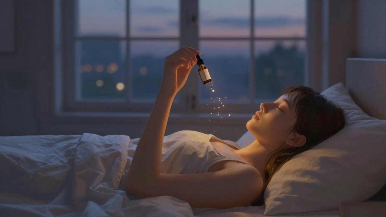 Osoba v posteli večer s CBD kapličkami, klidně se uvolňuje v teplém světle.