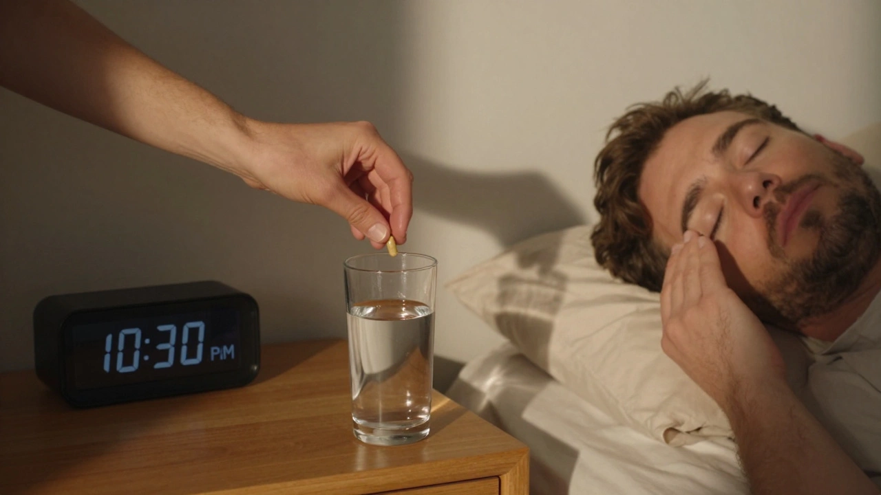 Ruce aplikují CBG kapky a kapsli před spaním na nočním stolku s hodinami a světlem.