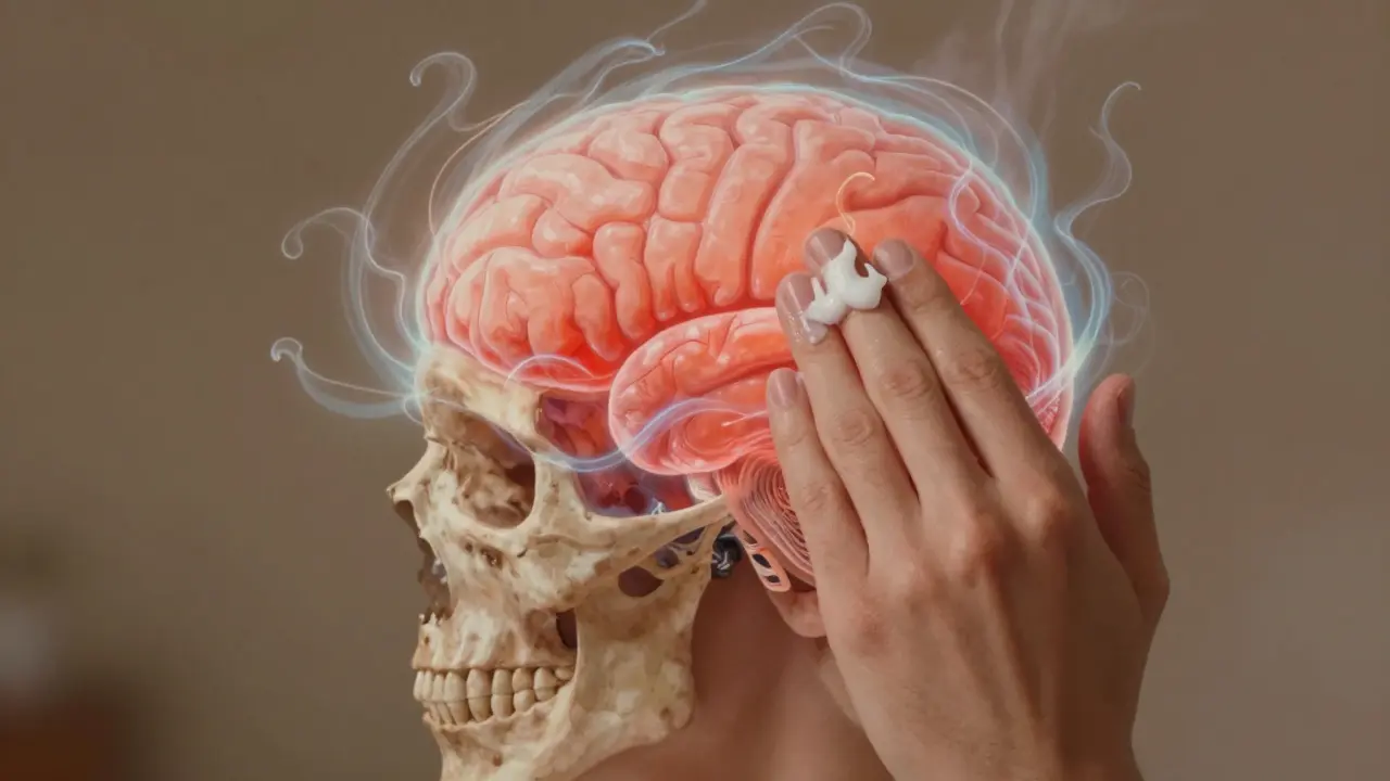 Ruka aplikující CBG krém na temeno, s energií šířící se do mozku jako klidný vlnění.