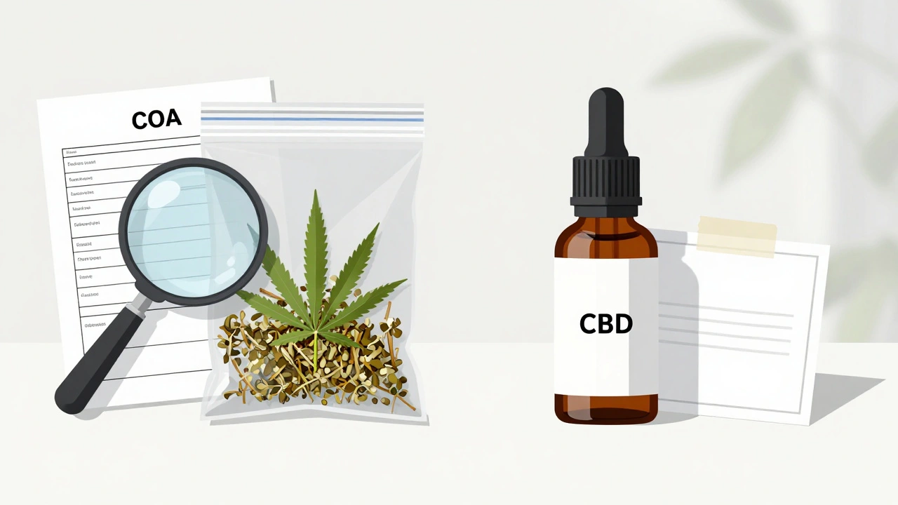 Srovnání CBD květů a CBD oleje s certifikátem analýzy na stole.