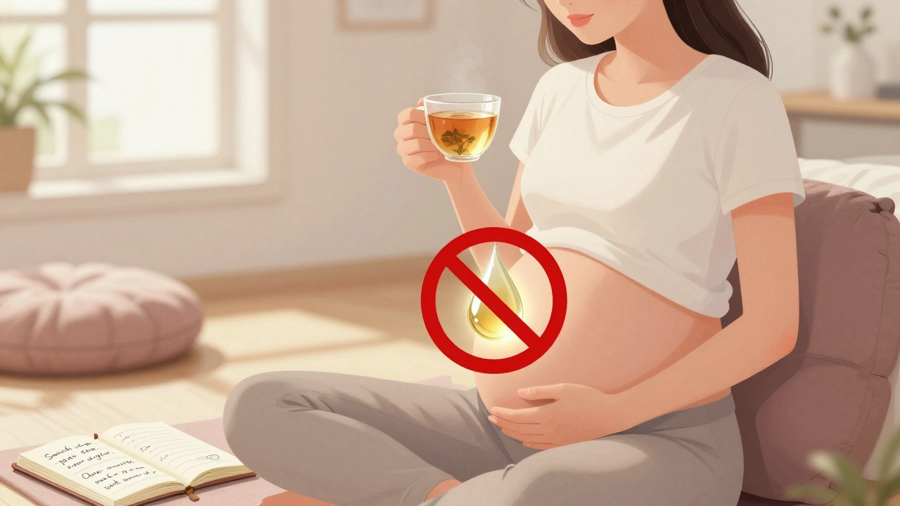 Těhotná žena pije bylinný čaj, zatímco CBD kapka má zakázaný symbol nad břichem.