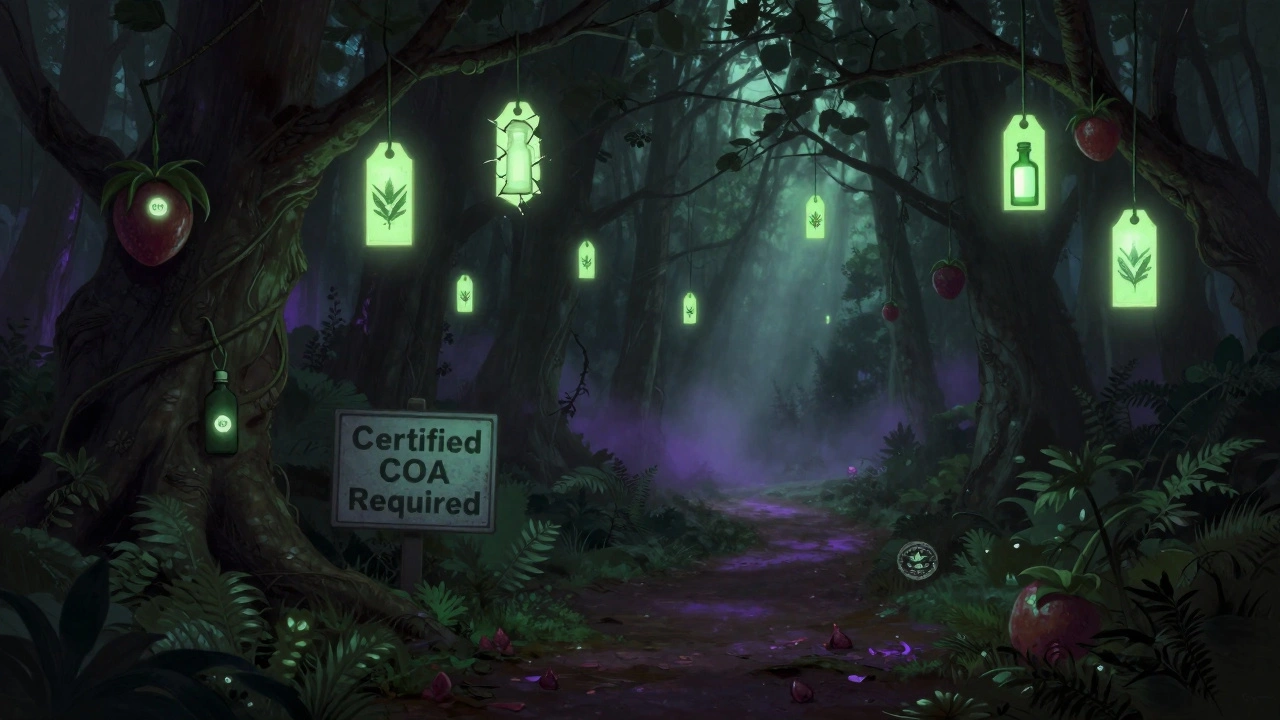 Temný les s nebezpečnými CBD produktами jako ovocem, cesta je zablokovaná varovnou značkou.