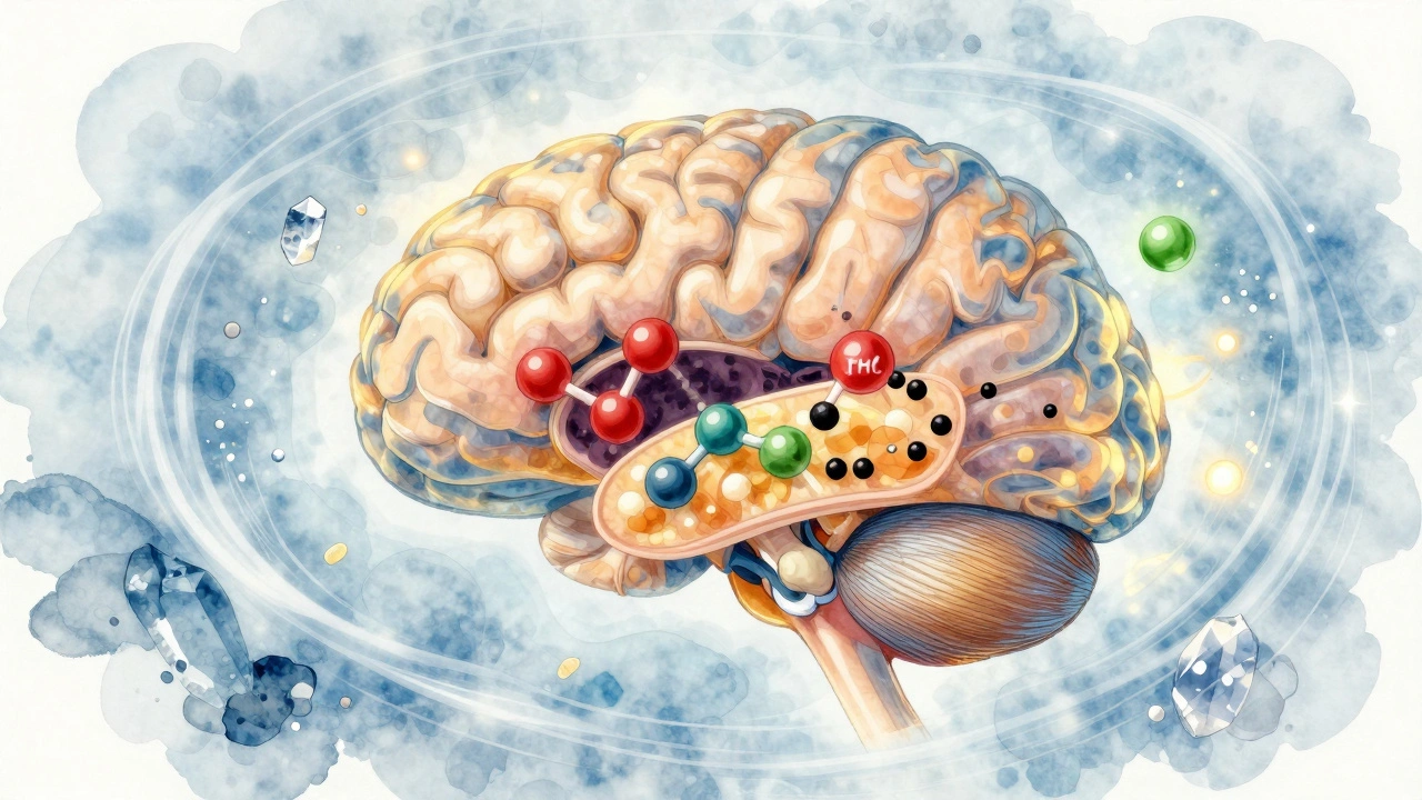 Translukátní mozek s molekulami THC, které jsou filtrovány jaterem, zatímco černý pepř a CBD blokují jejich účinek.