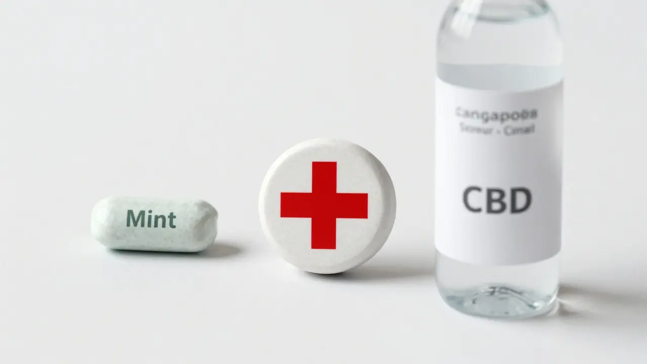 Tři alternativy k žvýkačce: klasická, CBD a voda, s označením legálnosti.