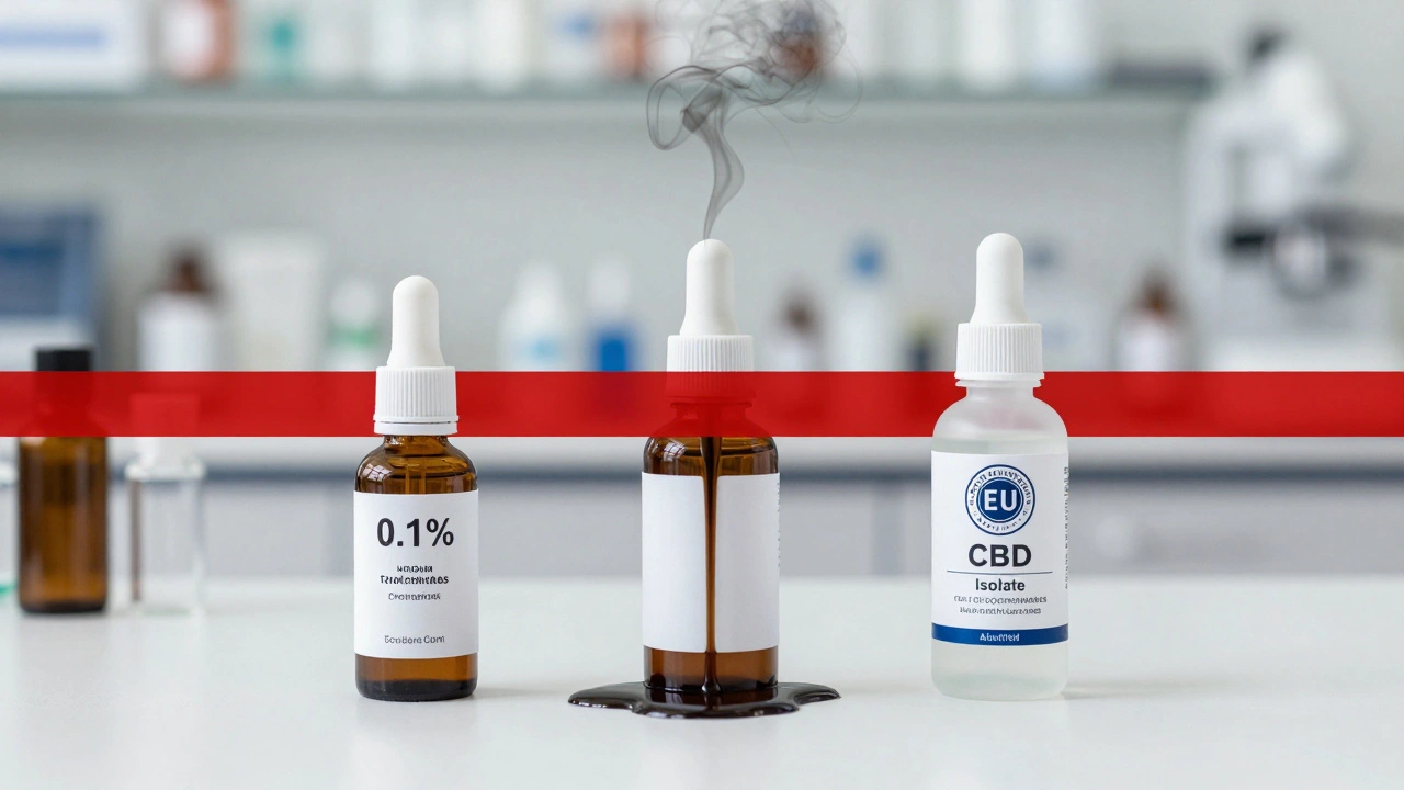 Tři CBD krémy na laboratorním stole: jeden s neznámými toxiny, druhý s certifikací čistoty.