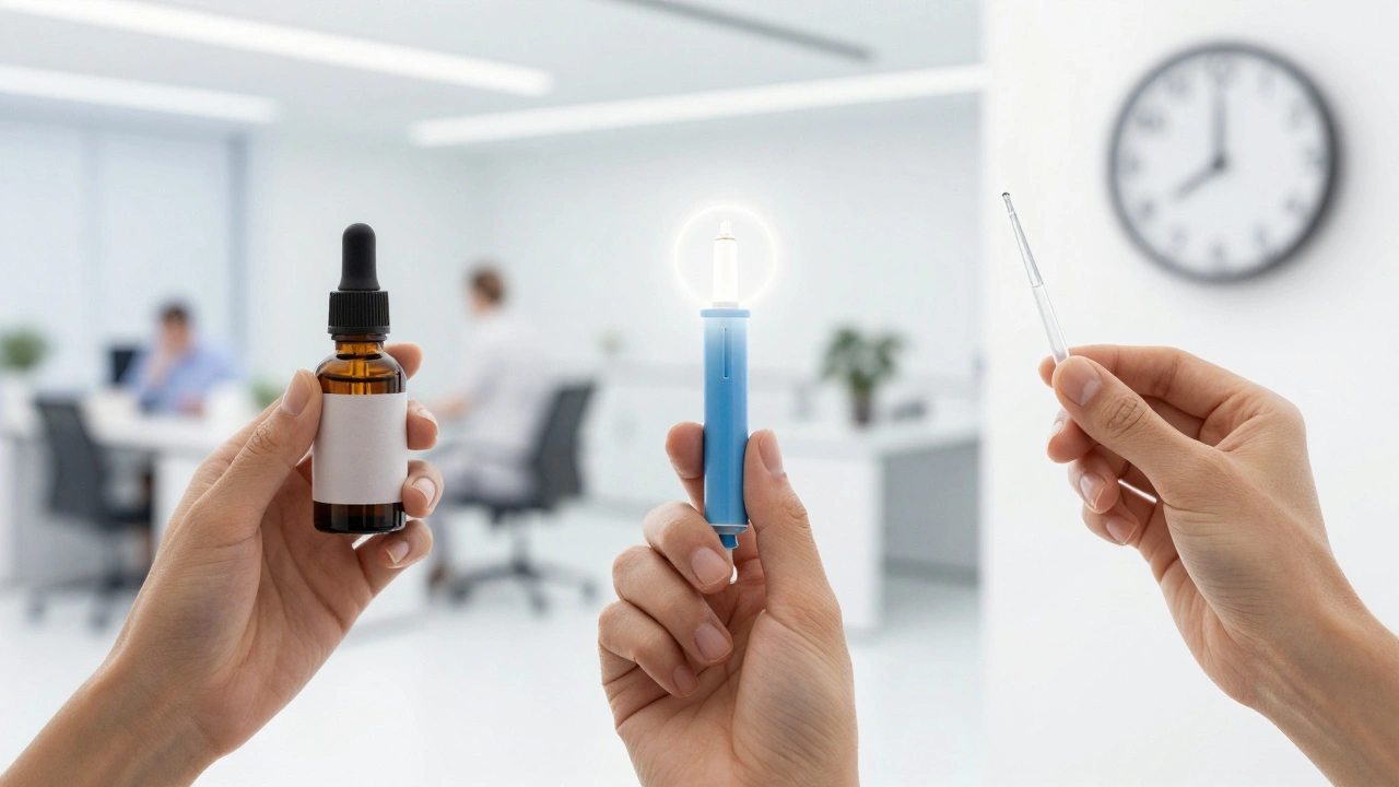 Tři metody podávání CBD — kartridž je osvětlen jako nejrychlejší a přesný nástroj.