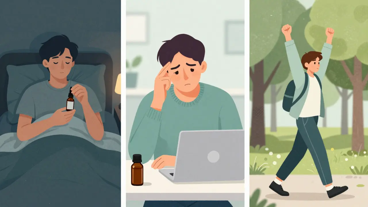 Tři scény denního užívání CBD oleje: večer, v práci a venku.