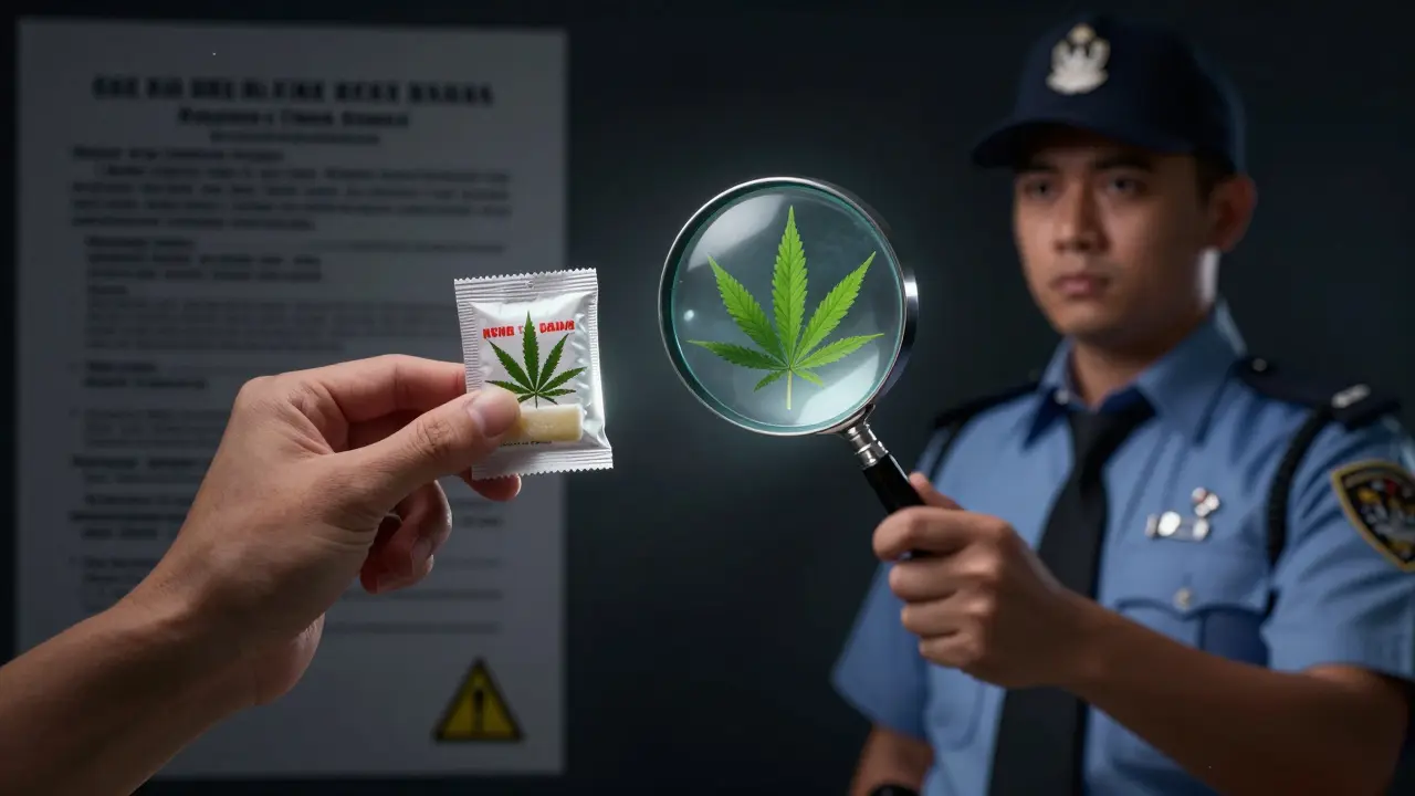 Úředník prohledává žvýkačku, ve které jsou skryté listy konopí.