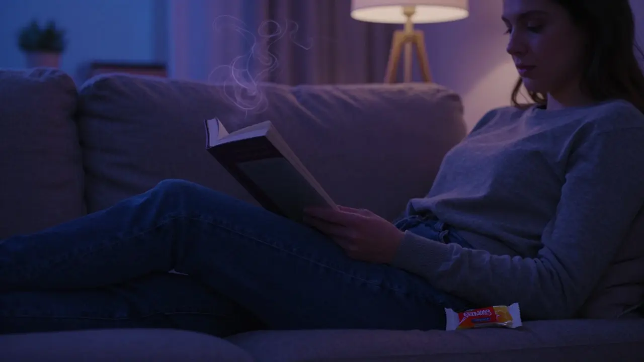 Večer na pohovce, osoba čte knihu, gumička už byla snědena, večerní světlo a lehký efekt ve vzduchu.