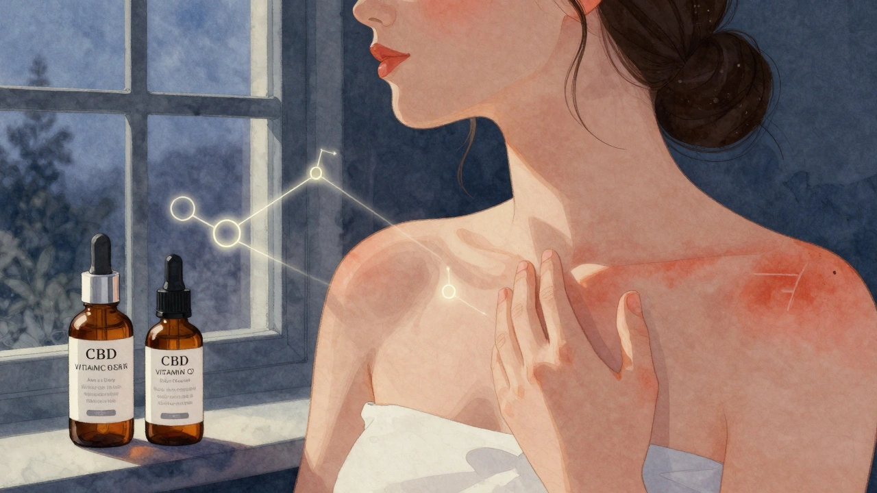 Žena aplikující CBD krém večer, kde sluneční světlo způsobuje mírné popáleniny na krku.