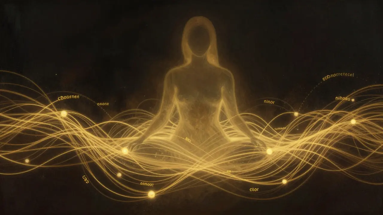 Abstraktní obraz CBD a dalších kanabinoidů jako zlatých vláken, které obklopují lidskou postavu.