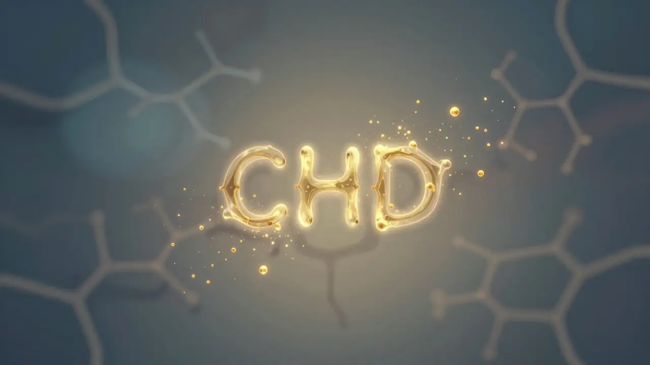 Abstraktní vizualizace přeměny CBD na delta-8 THC pomocí jemného zlatého světla.